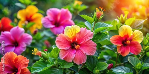 Vibrant hibiscus flowers blooming on a lush green plant, tropical, petals, foliage, garden, botanical, tropical, exotic