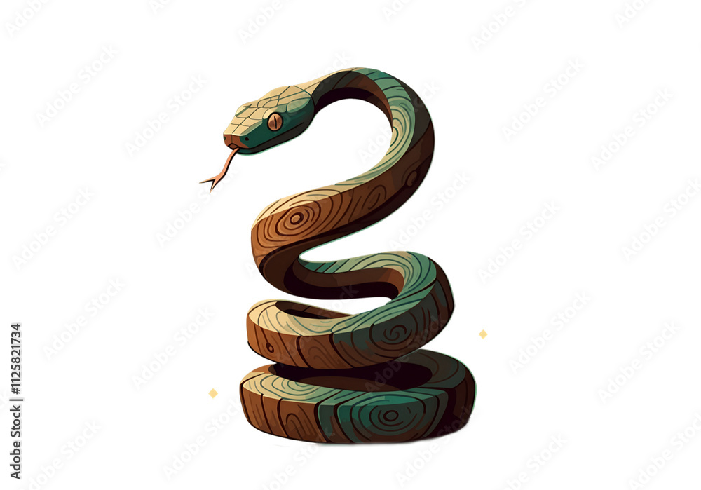 Obraz premium Stylized wooden snake with a graceful mood coiled in an elegant spiral representing growth and wisdom against a transparent background