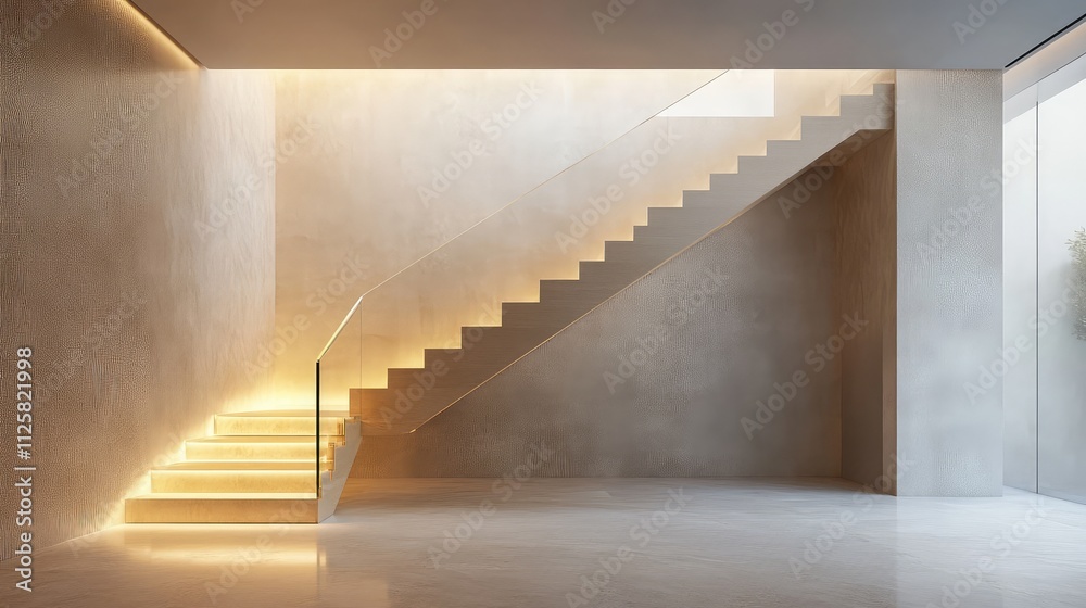 Obraz premium Modern Interior with Elegant Staircase and Soft Lighting