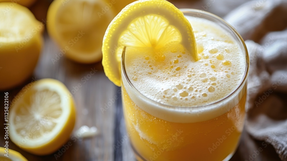Refreshing Lemonade in Glass with Lemon Slice and Lemons Surrounding