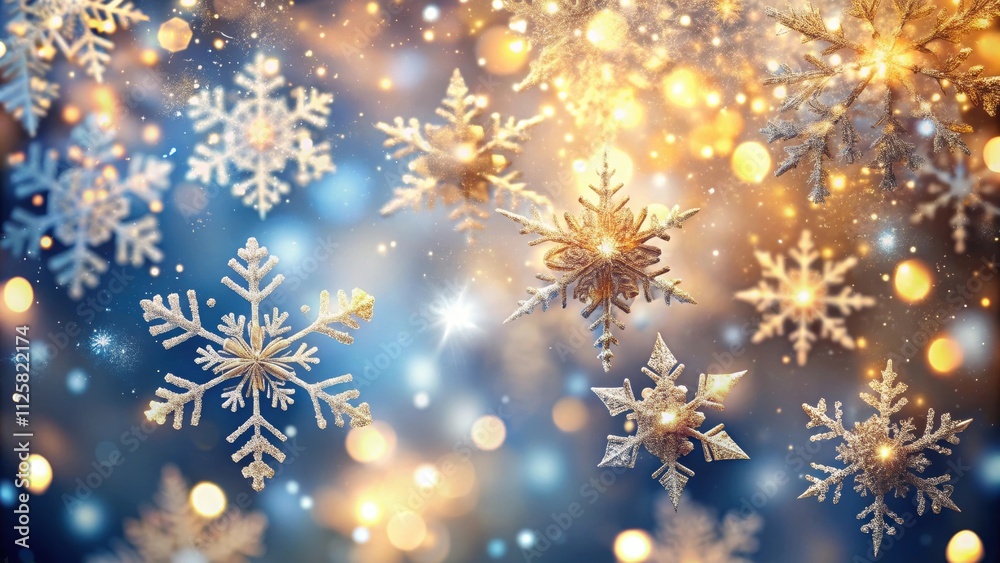 Shimmering snowflakes falling on a blurred background of glowing lights , winter, festive, holiday, Christmas, season, snow Shimmering snowflakes falling on a blurred background of glowing lights , winter, festive, holiday, Christmas, season, snow