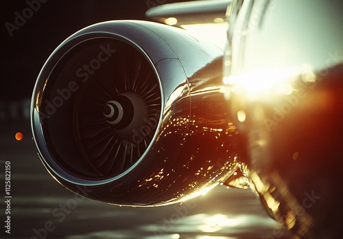 Close-up Jet Engine at Sunset, Luxury Travel Concept photo