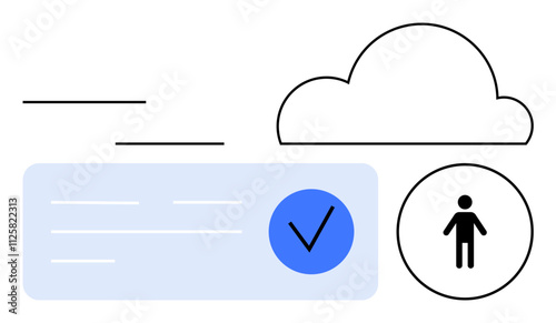 Cloud icon, user avatar in a circle, document with checkmark minimalist style with blue tones. Ideal for cloud services, user authentication, data storage, online credentials, digital security, web