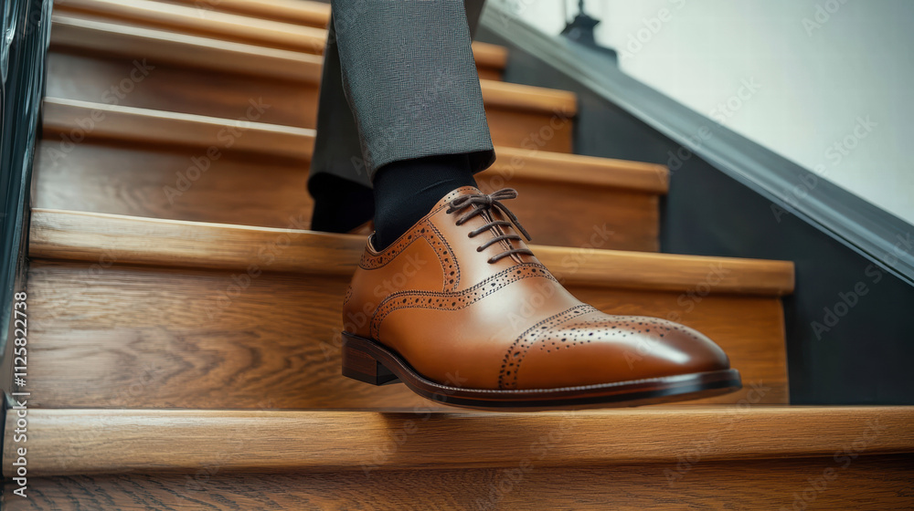 The close-up only focuses on his brown shoes. In the background are green plants and grey concrete steps The close-up only focuses on his brown shoes. In the background are green plants and grey concrete steps