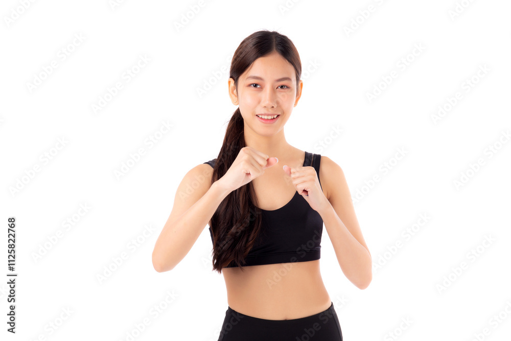Portrait young asian woman in sportswear exercise with cardio pose while punch isolated white background, girl workout with strength and strong, sport and motivation, determination and endurance. Portrait young asian woman in sportswear exercise with cardio pose while punch isolated white background, girl workout with strength and strong, sport and motivation, determination and endurance.