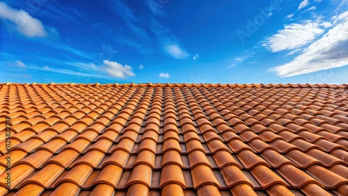 Roof tiles with blue sky background, roof, tiles, blue, sky, background, architecture, exterior, home, house © lapeepon