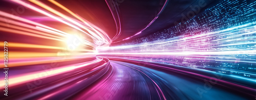 Vibrant light trails create dynamic sense of motion in futuristic tunnel. colorful beams of light evoke energy and speed, illustrating high tech environment