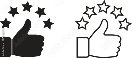 Thumb up with five stars flat, line icons set, representing a high rating or positive feedback. Perfect for review or business marketing material. Satisfaction sign isolated on transparent background.