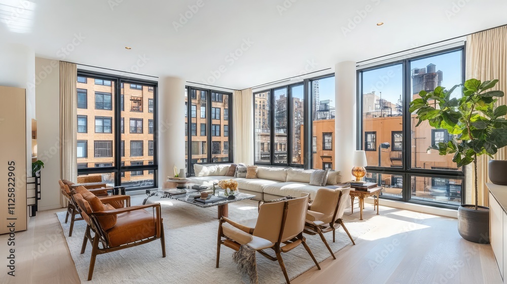 Modern Bright Living Room with Large Windows and Stylish Furniture Modern Bright Living Room with Large Windows and Stylish Furniture