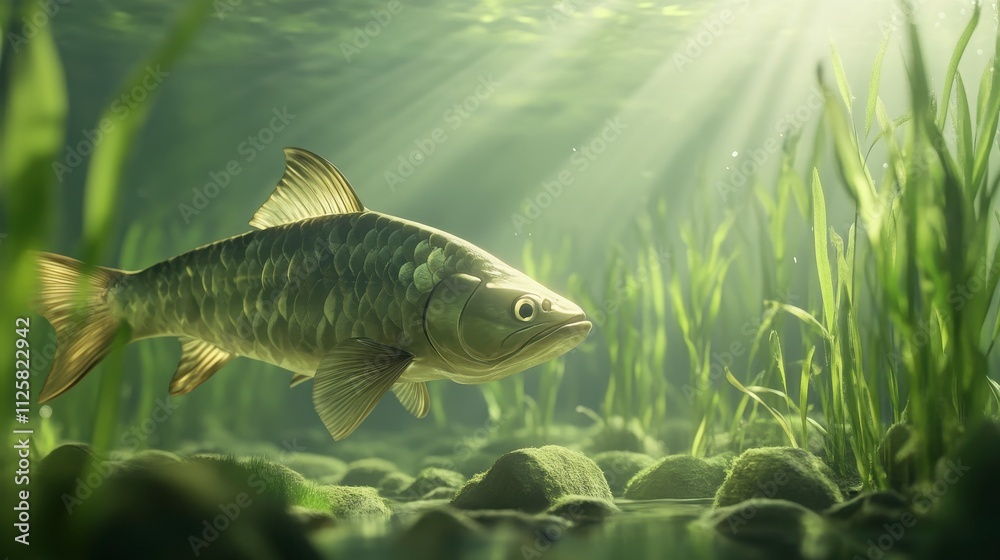 Fototapeta premium Underwater Scene with Fish and Green Plants