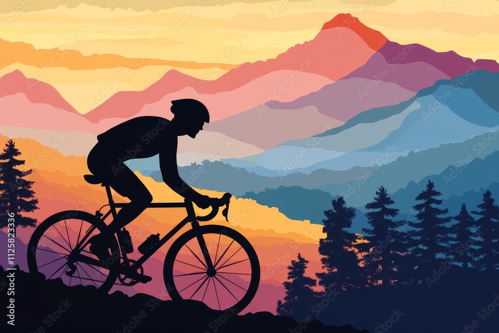 Fototapeta premium Silhouette of a Cyclist Riding on a Mountain Trail Against a Colorful Sunset Sky with Silhouetted Trees and Mountains in the Background