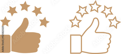 Thumb up with five stars flat, line icons set, representing a high rating or positive feedback. Perfect for review or business marketing material. Satisfaction sign isolated on transparent background.