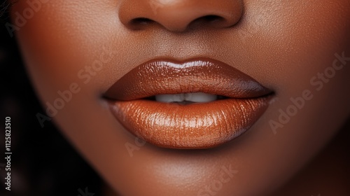 Gorgeous light-skinned Black American woman with pouty lips, expertly lined with dark brown pencil, and peachy brown lipstick creating a beautiful ombré gradient effect. Stunning lip makeup detail.