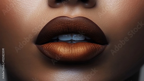 Gorgeous light-skinned Black American woman with pouty lips, expertly lined with dark brown pencil, and peachy brown lipstick creating a beautiful ombré gradient effect. Stunning lip makeup detail.