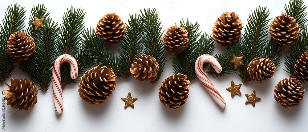 A Christmas card design relying on a pristine white backdrop to highlight a delicate pattern along its edges. The border depicts playful candy canes, tiny pinecones, and subtle golden stars A Christmas card design relying on a pristine white backdrop to highlight a delicate pattern along its edges. The border depicts playful candy canes, tiny pinecones, and subtle golden stars