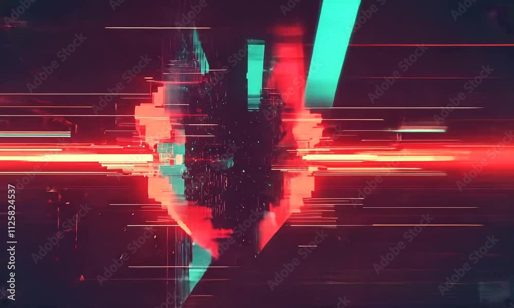 A vibrant, abstract digital artwork featuring glitch effects and neon colors, creating a visually striking representation of a heart-like shape.