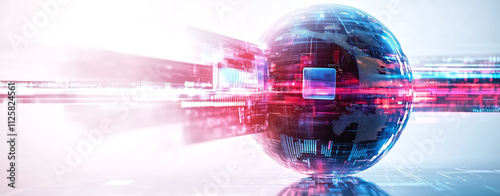 Futuristic holographic computer interface with glowing sphere, showcasing advanced technology and digital data flow, creating sense of innovation and progress