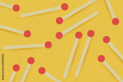 Matchsticks, yellow background, simple design, pattern, red tip, flat layout, bright colors, contrast, simple layout