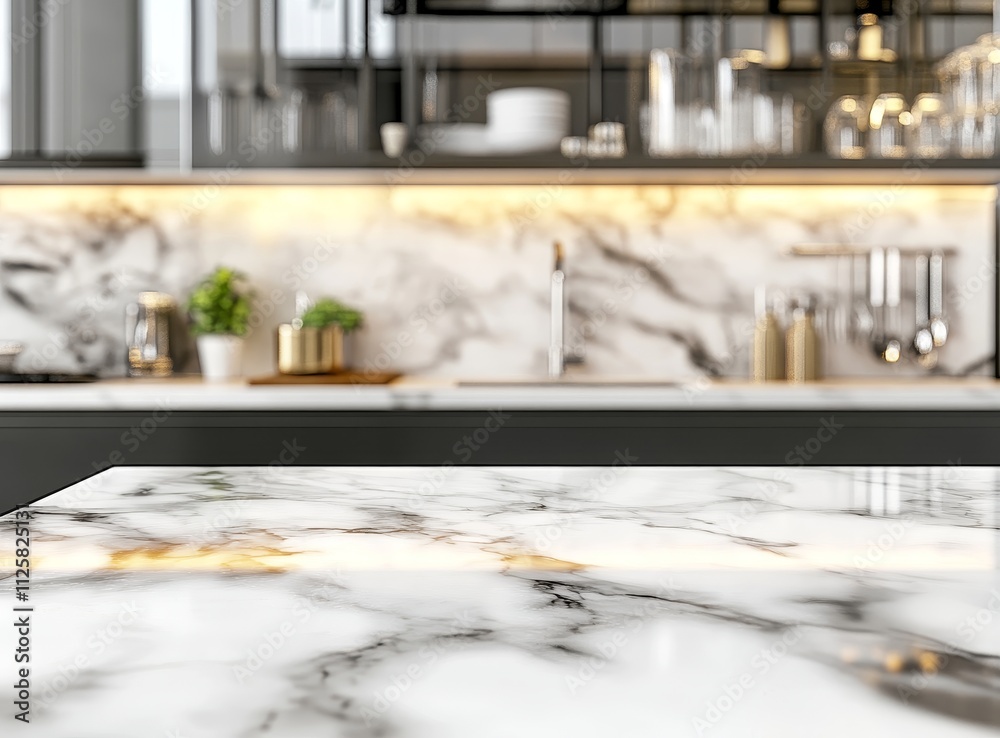 Empty marble kitchen counter top with blurred modern kitchen background. Empty marble kitchen counter top with blurred modern kitchen background.