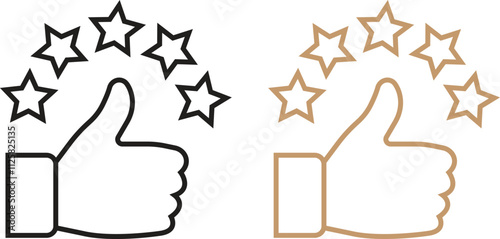 Thumb up with five stars line icons set, representing a high rating or positive feedback. Perfect for review or business marketing material. Satisfaction signs isolated on transparent background.