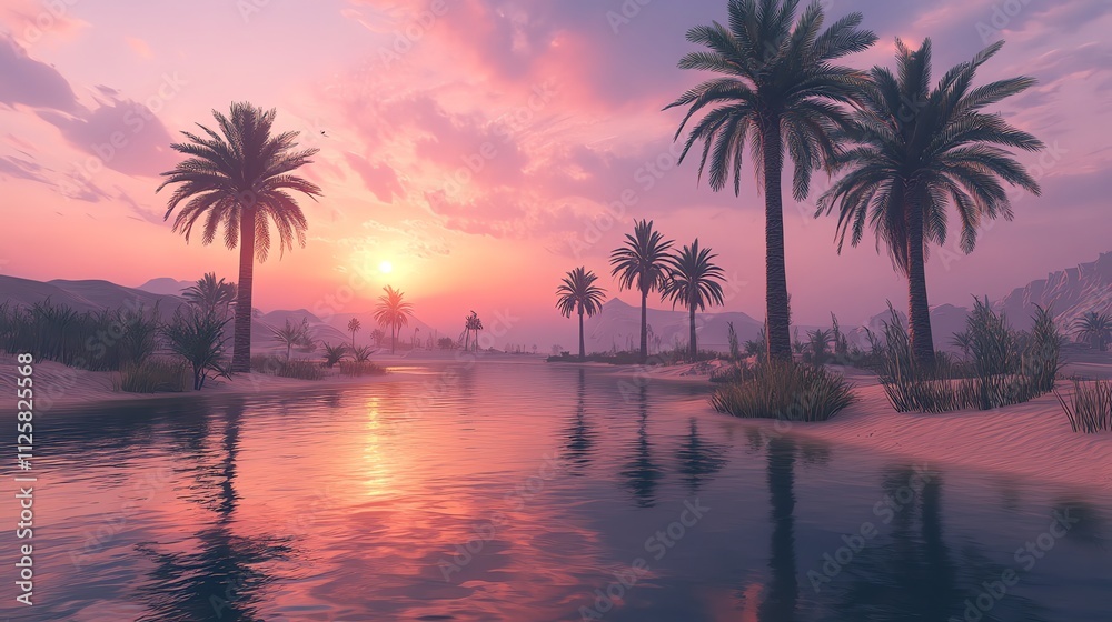 Obraz premium A serene desert landscape at sunset, featuring palm trees and a calm river.