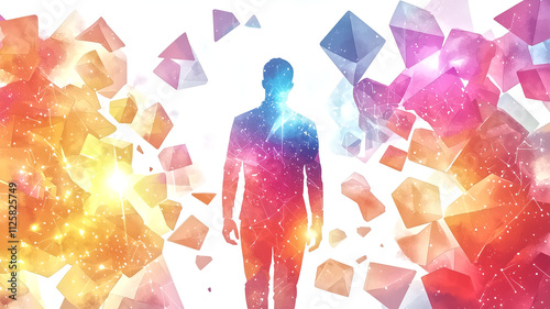 human silhouette stands amidst vibrant, glowing geometric shapes, symbolizing transformation and creativity. colorful shards create dynamic atmosphere of inspiration and possibility