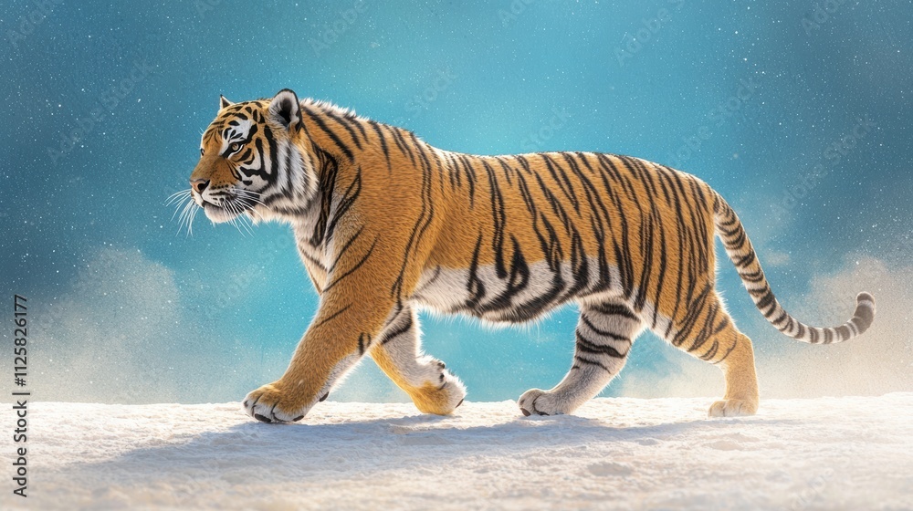 Obraz premium Siberian tiger walking in snowy landscape nature photography side view