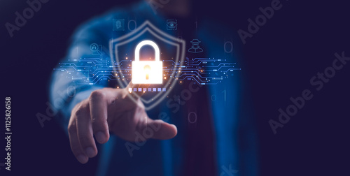 Cybersecurity, encryption, data privacy. Secure connections with icons like padlocks and shields, protection in the virtual world. Secured access to user personal data. Data protection.