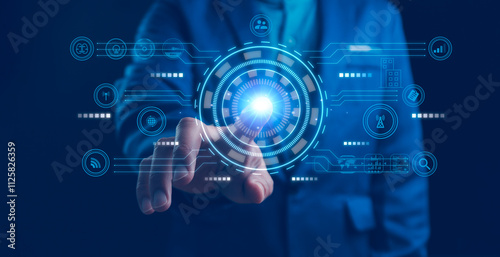 Hand touching with futuristic digital screen on a new smart technology and automatic AI, Data digital access, screen touch, visual data. Modern web system. Ai technology, Artificial Intelligence.