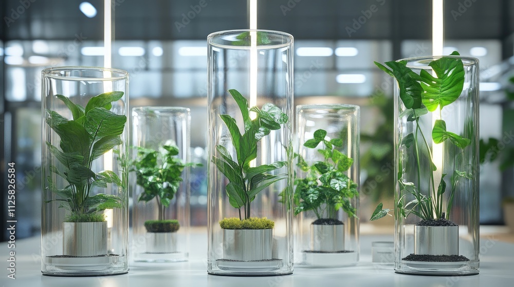 Lush Green Plants in Clear Glass Containers with Modern Lighting Lush Green Plants in Clear Glass Containers with Modern Lighting