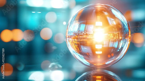 glowing glass sphere reflecting vibrant colors and lights, creating futuristic atmosphere. orb surface captures surrounding bokeh, enhancing its visual appeal