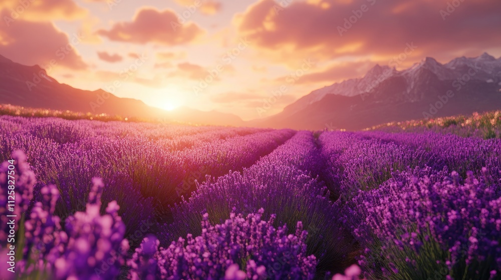 Breathtaking Lavender Field Under Sunset with Mountain Range Breathtaking Lavender Field Under Sunset with Mountain Range
