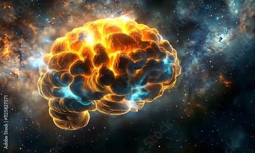 A vibrant, cosmic representation of a brain, symbolizing the connection between consciousness and the universe, showcasing creativity and intelligence amidst a starry backdrop.