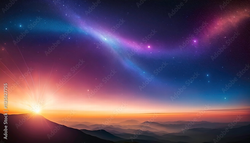 Fototapeta premium Cosmic Sunrise: A breathtaking view of a vibrant sunrise over a mountain range, with a stunning galaxy of stars and nebulae filling the night sky above.