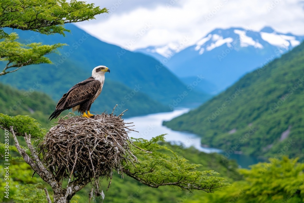 Fototapeta premium A serene photo of an eagle gazing out from its nest high in a tree, with a scenic mountain view in the background