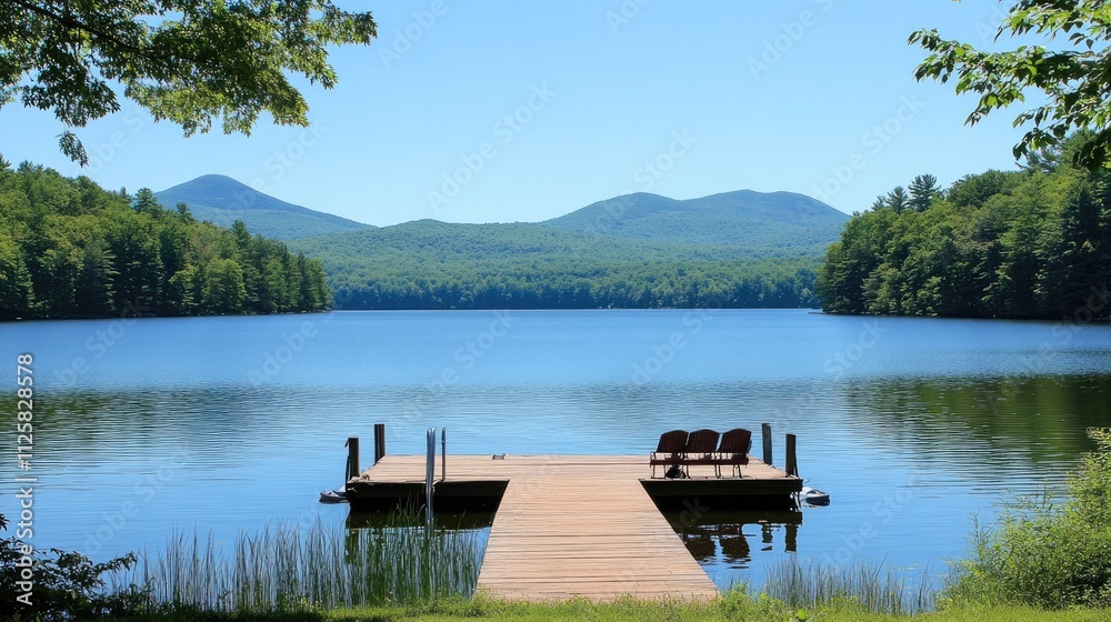 Serene Lakeside View with Dock and Chairs Surrounded by Nature