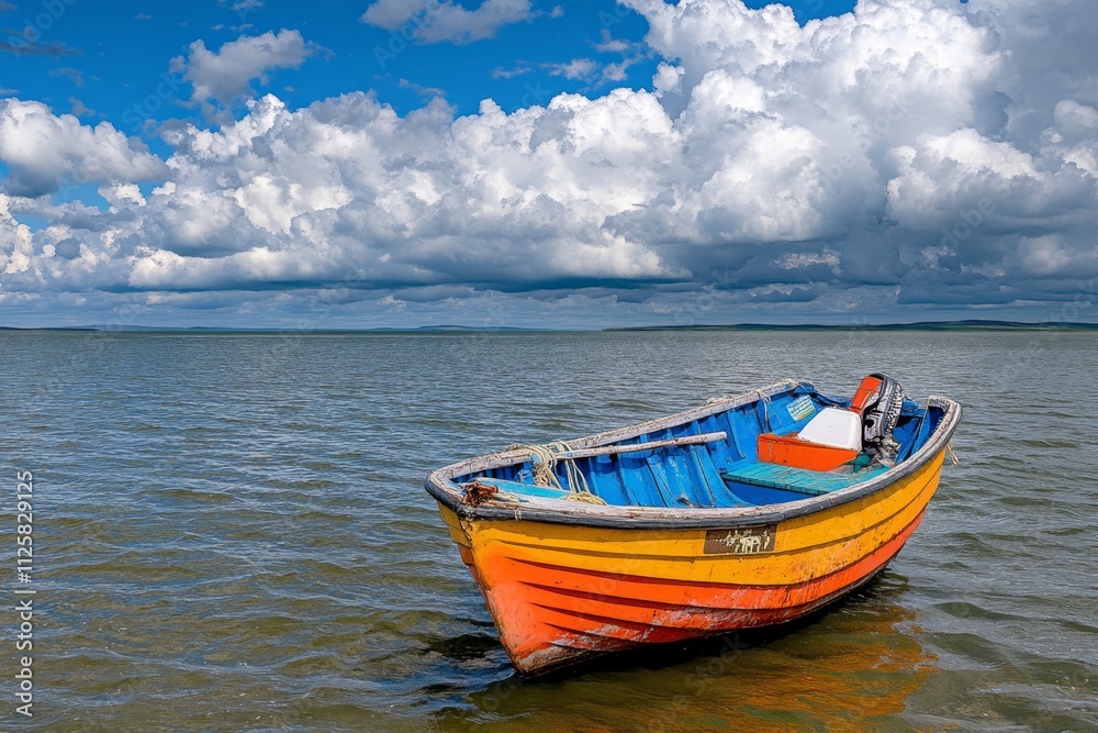 A small fishing boat drifting away under a cloudy sky, disappearing into the mist of the open sea A small fishing boat drifting away under a cloudy sky, disappearing into the mist of the open sea