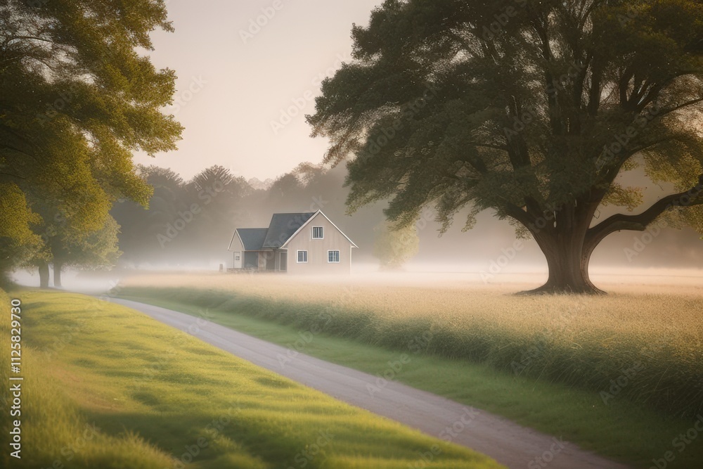 Serene Country Sunrise: Farmhouse in the Mist Serene Country Sunrise: Farmhouse in the Mist