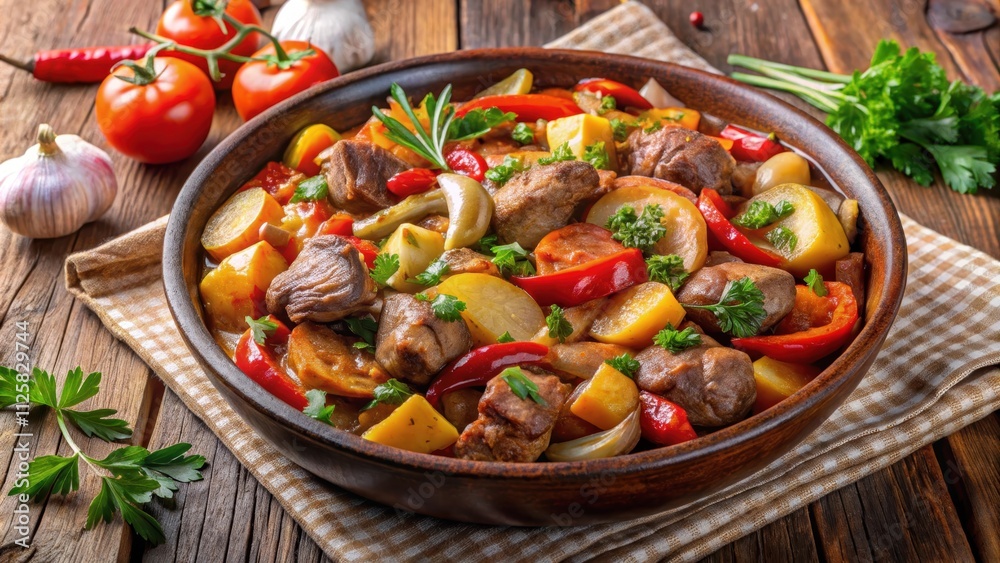 Traditional Croatian peka dish with mixed meat and vegetables , Croatian, food, cuisine, cooking, oven, roasted, meat
