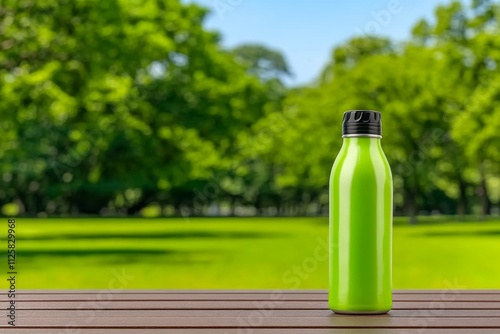 A vibrant image of a reusable water bottle resting on a picnic table, with a scenic park in the background