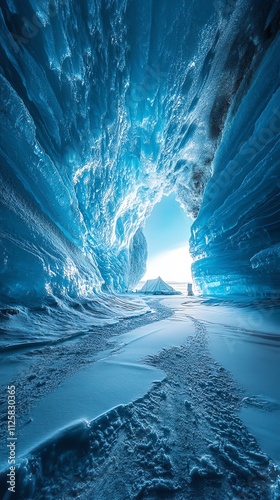 A stunning ice cave with vibrant blue hues and a pathway leading to light.