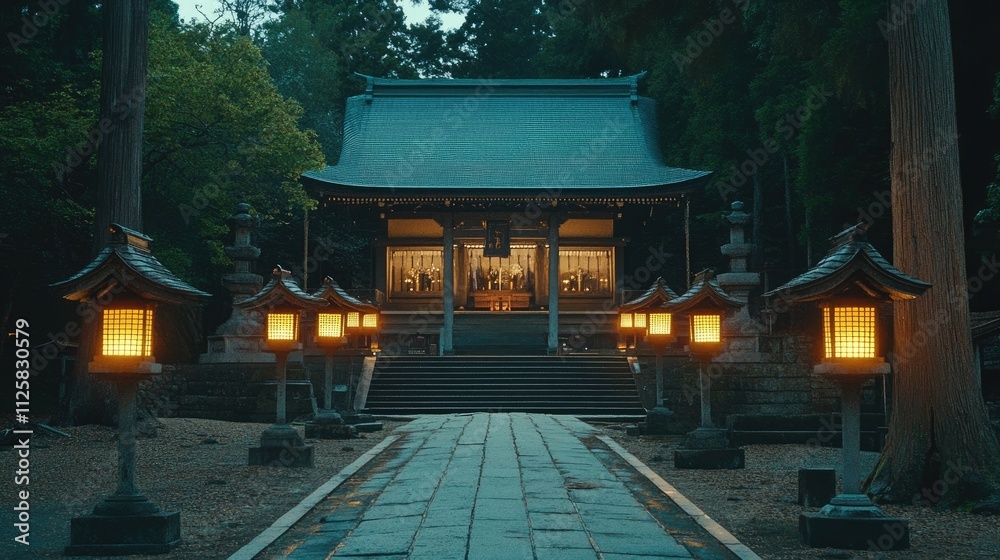 Tranquil Pathway with Lanterns Leading to Traditional Japanese Shrine