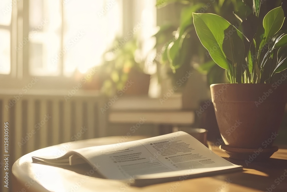 custom made wallpaper toronto digitalSunlit Indoor Scene Featuring a Magazine on a Wooden Table with a Potted Plant and Bright Natural Light Streaming Through a Window in a Cozy Environment