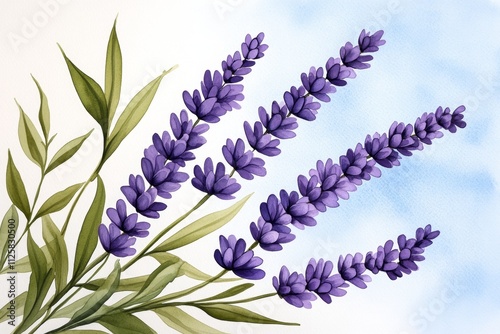 Fototapeta Naklejka Na Ścianę i Meble -  A vibrant watercolor of a dwarf lavender plant in bloom, with its soft purple flowers blending into a sunny backdrop