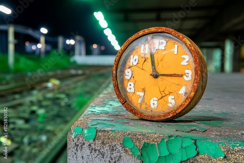 A vintage clock stopped at midnight, its hands rusted and the glass cracked