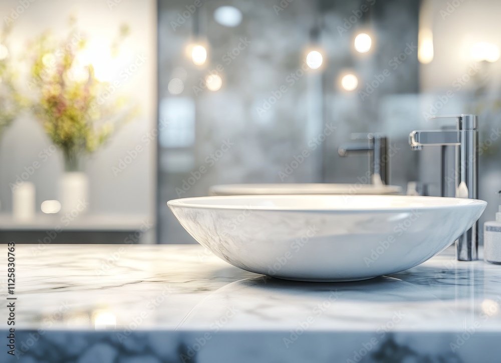 Modern white vessel sink on marble countertop in luxury bathroom. Modern white vessel sink on marble countertop in luxury bathroom.