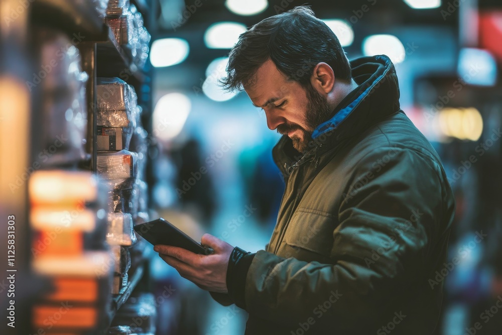 Thoughtful man shopping in store using digital tablet, exploring product options while standing in aisle surrounded by shelves filled with various items, illuminated by soft lights Thoughtful man shopping in store using digital tablet, exploring product options while standing in aisle surrounded by shelves filled with various items, illuminated by soft lights