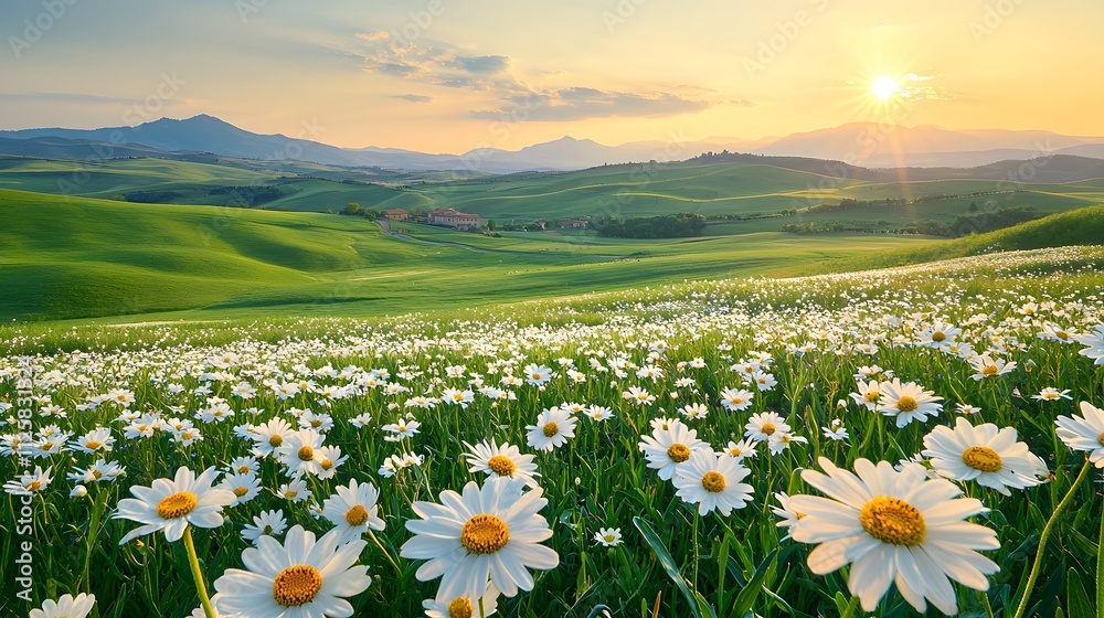 Obraz premium Sunset Over a Field of Daisies Rolling Hills Landscape Photography Natural Environment Wide Angle View Tranquility and Beauty