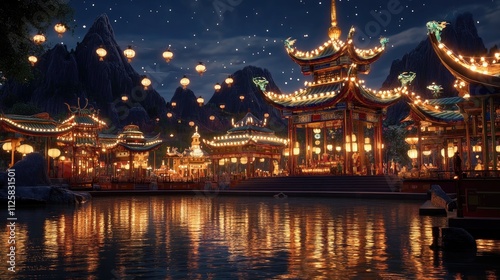 Enchanting Night Scene of Lanterns by the Water in Asian Landscape