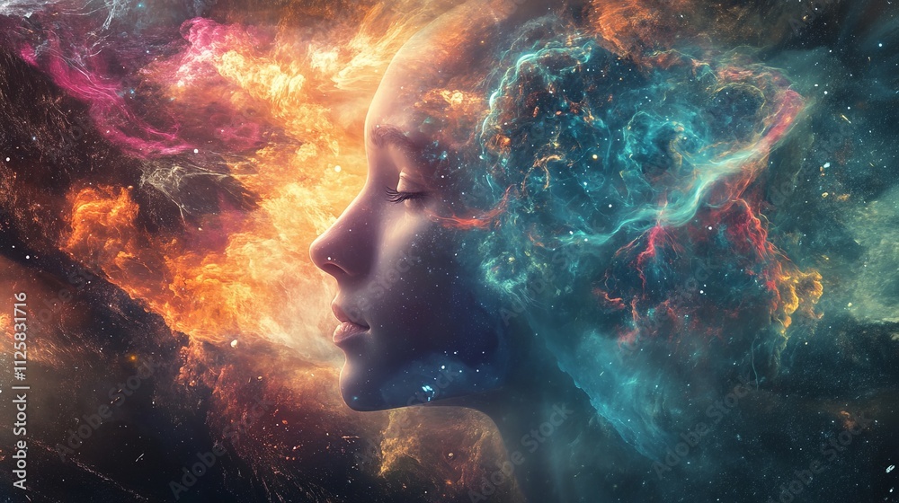Abstract portrait of a woman's face surrounded by colorful nebulae.